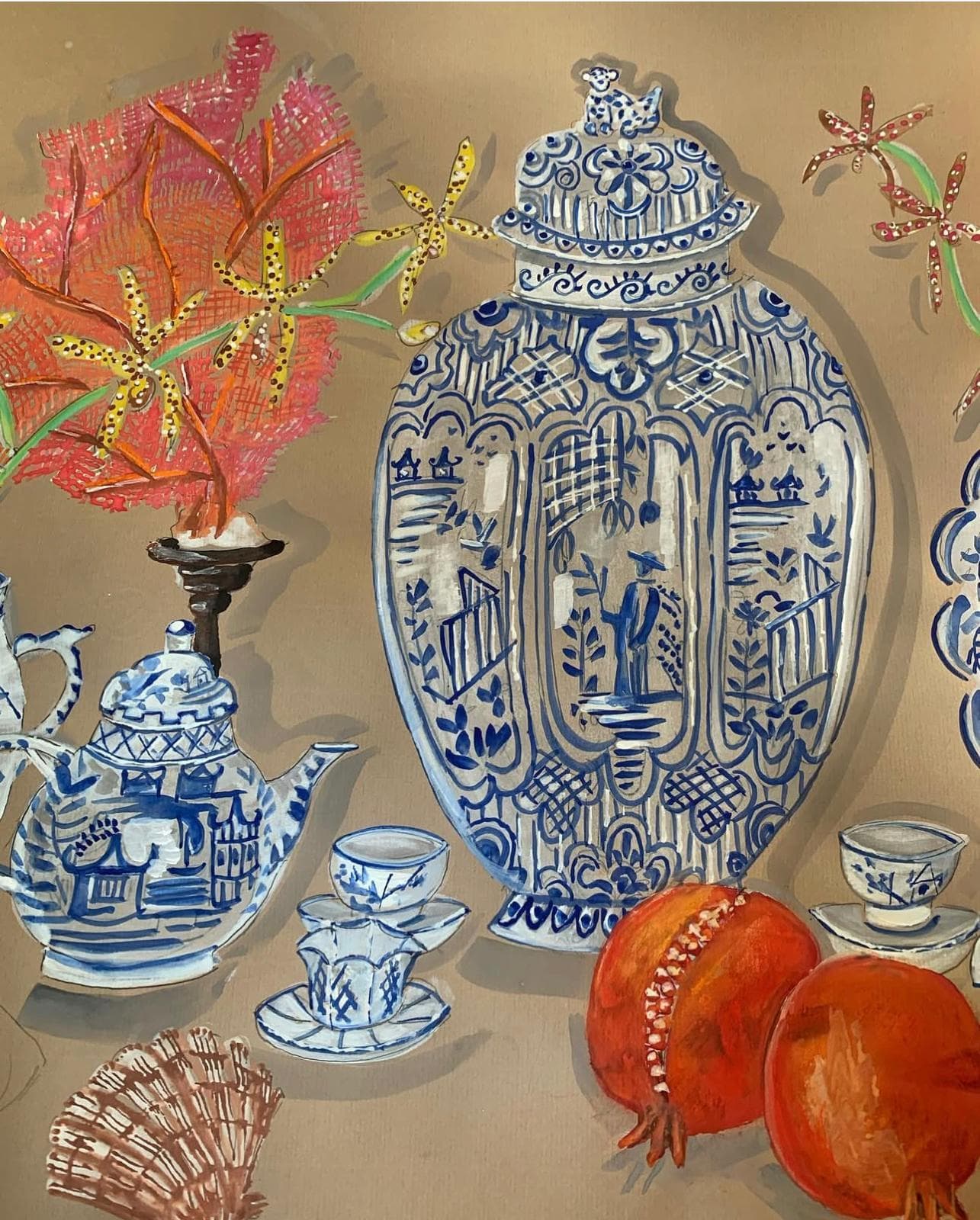 Blue and white Chinese porcelain still life with pomegranates and coral