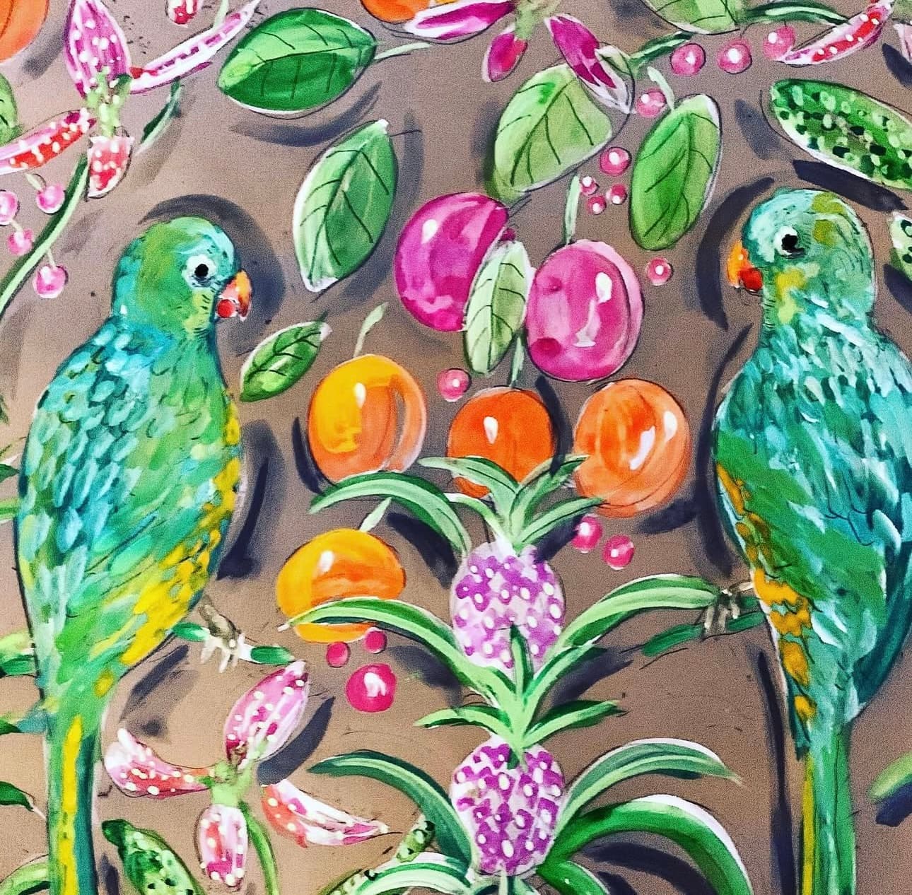 Tropical Parrots with Fruits