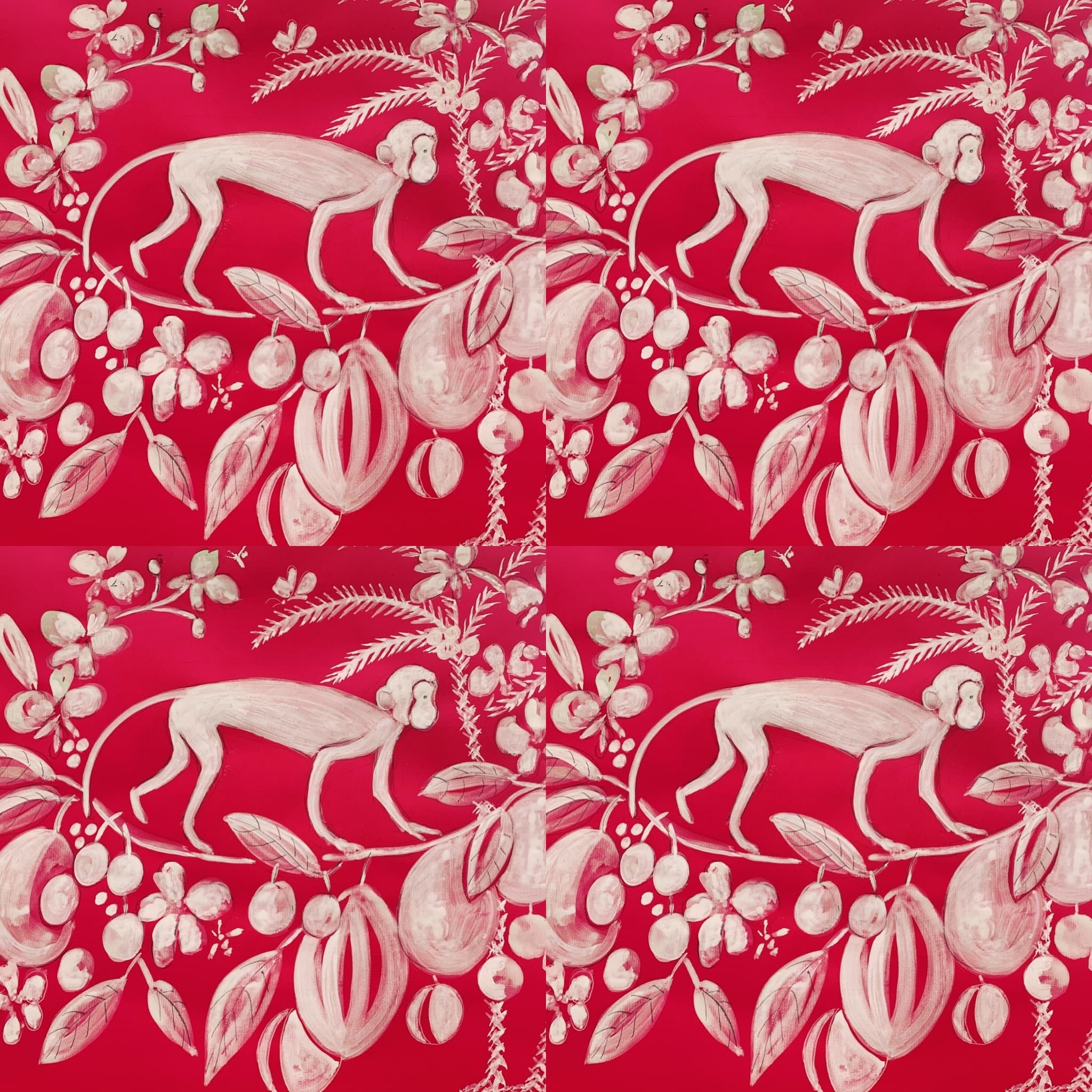 Monkey and tropical fruits pattern in red