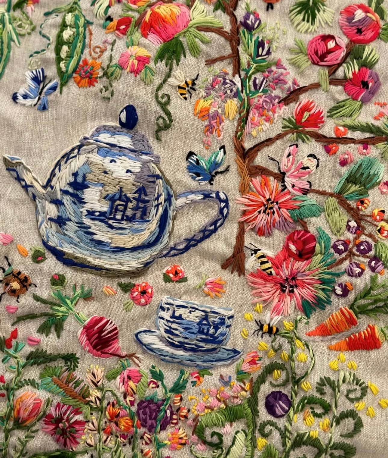 Garden Tea Party embroidery with blue and white porcelain