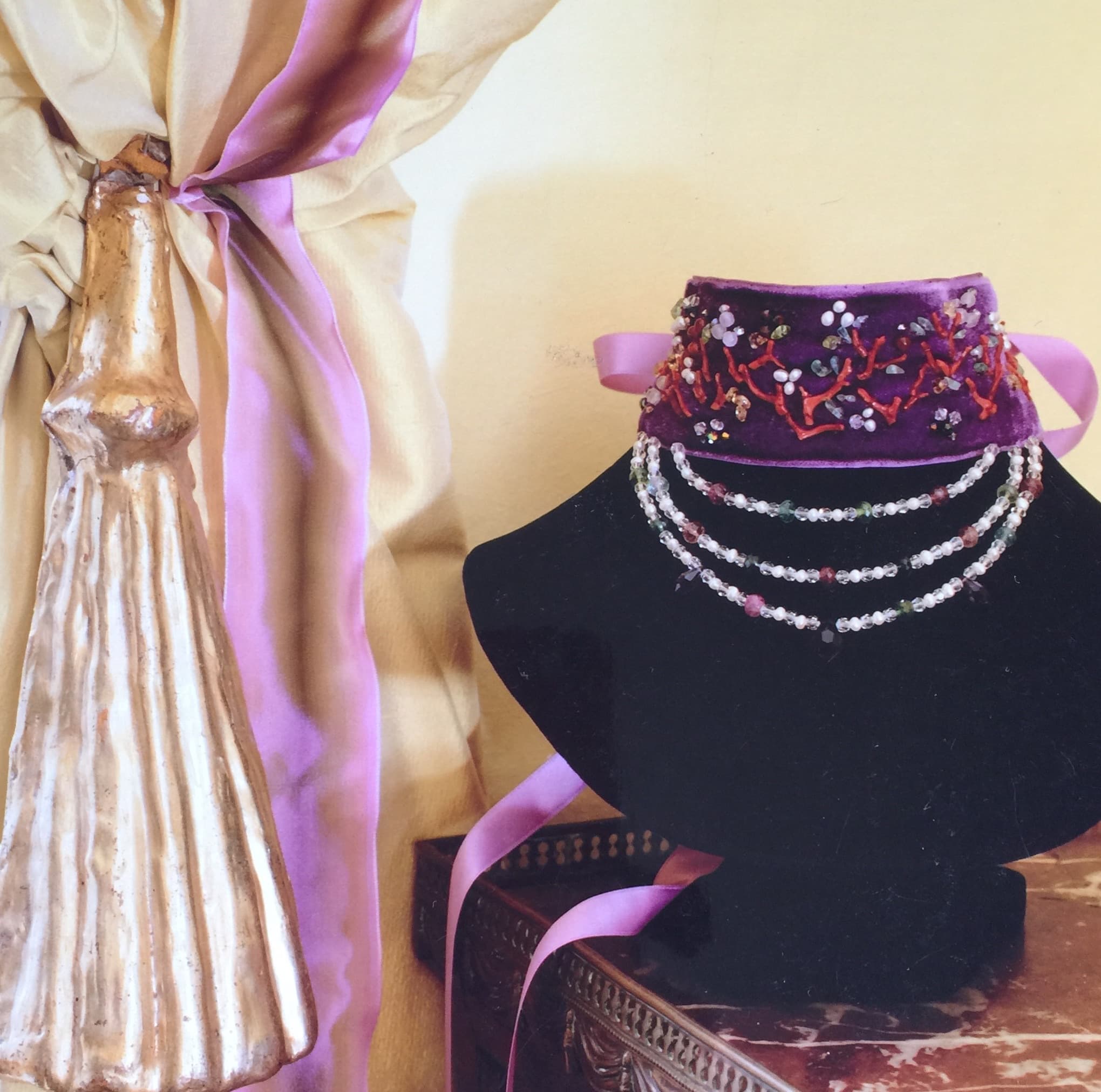 Purple velvet choker with coral beading