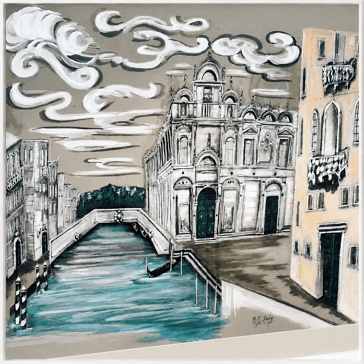 Venice canal with Baroque church, bridge, and gondola